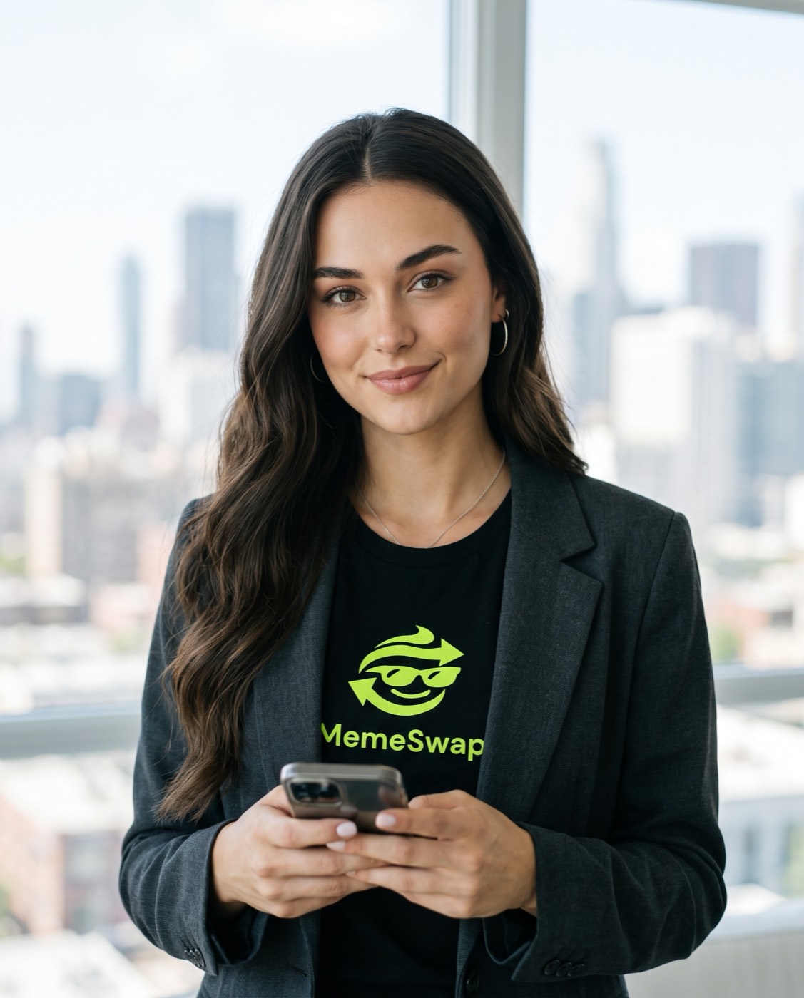 Ava, the MemeSwap Girl, in a charcoal blazer over a black MemeSwap tee, phone in hand, a city skyline behind the glass
